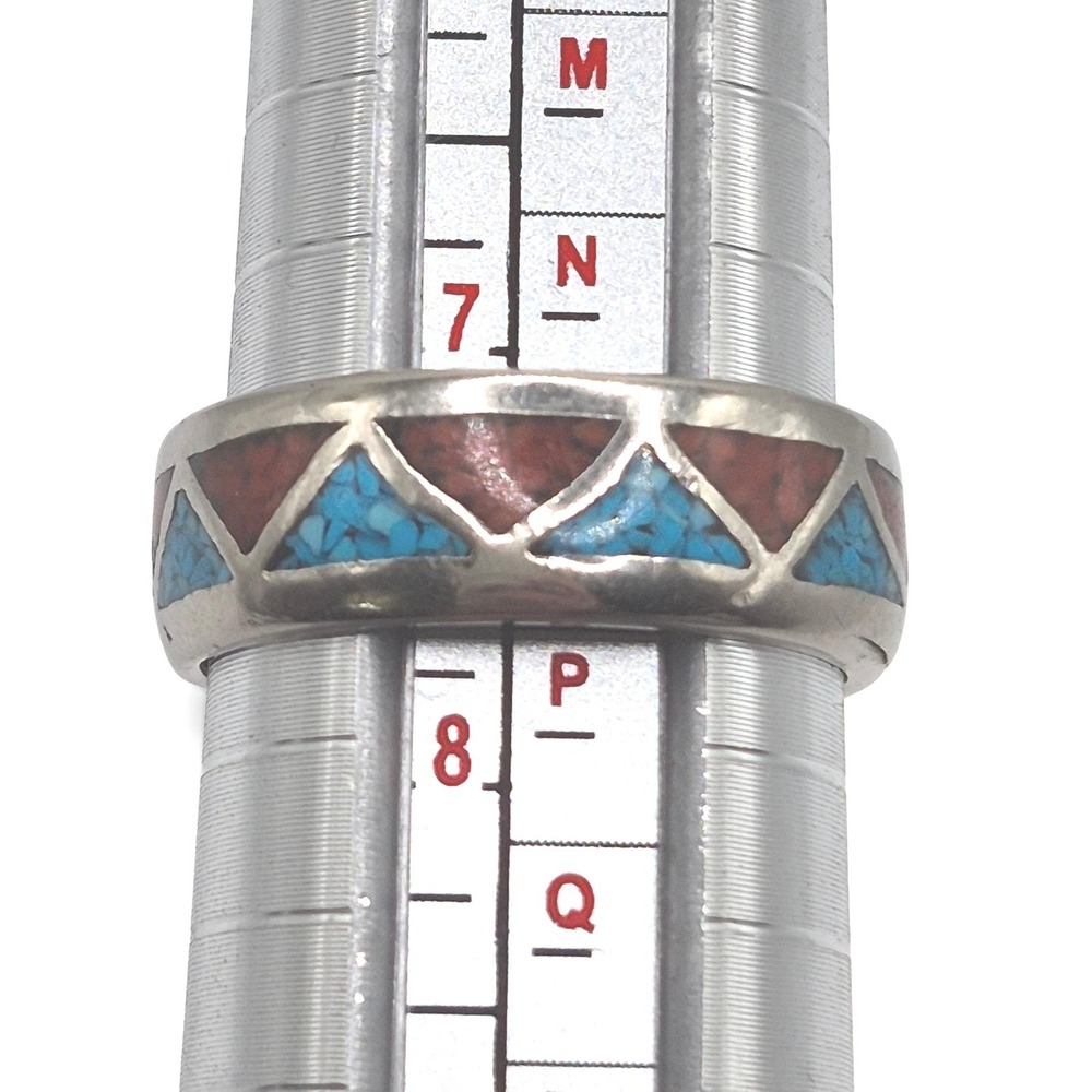 Vintage Southwestern Sterling Silver Ring, Turquoise & Coral Inlay, Size 7.5 - Picture 3 of 3